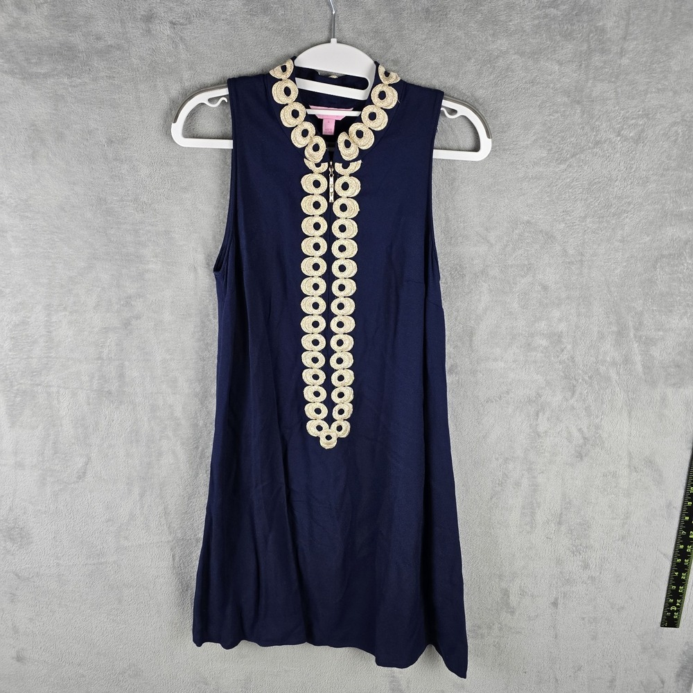 Lilly Pulitzer Womens 4 Dress Navy Blue Jane Shift Gold Embroidered Sleeveless